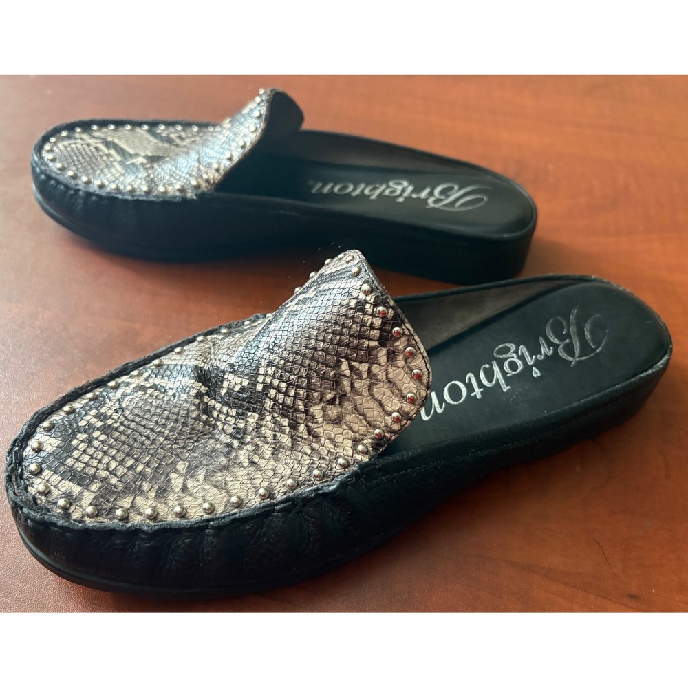 Brighton Miro Snakeskin Print Leather Studded Mules Black Gray Womens 7N‎ Brazil
